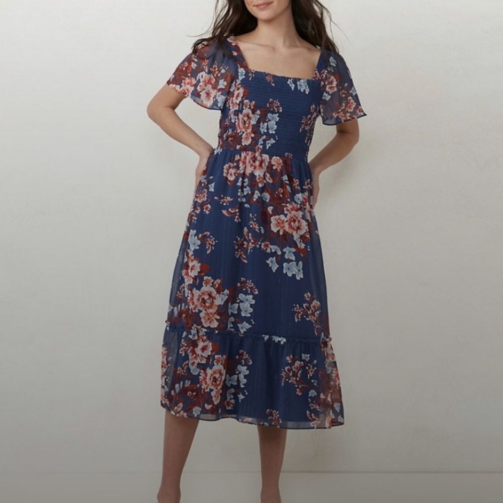 LC Lauren Conrad Navy Floral Midi Dress